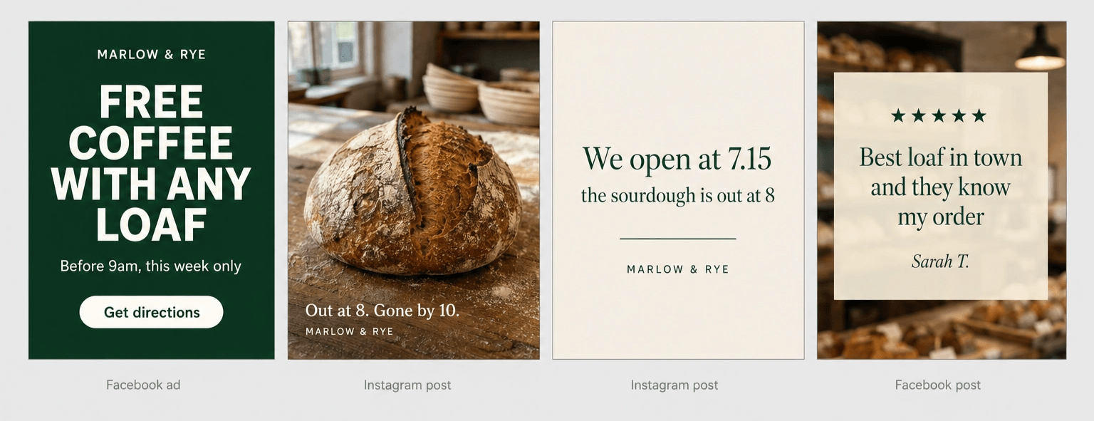 A row of bakery marketing posts prepared for the week.