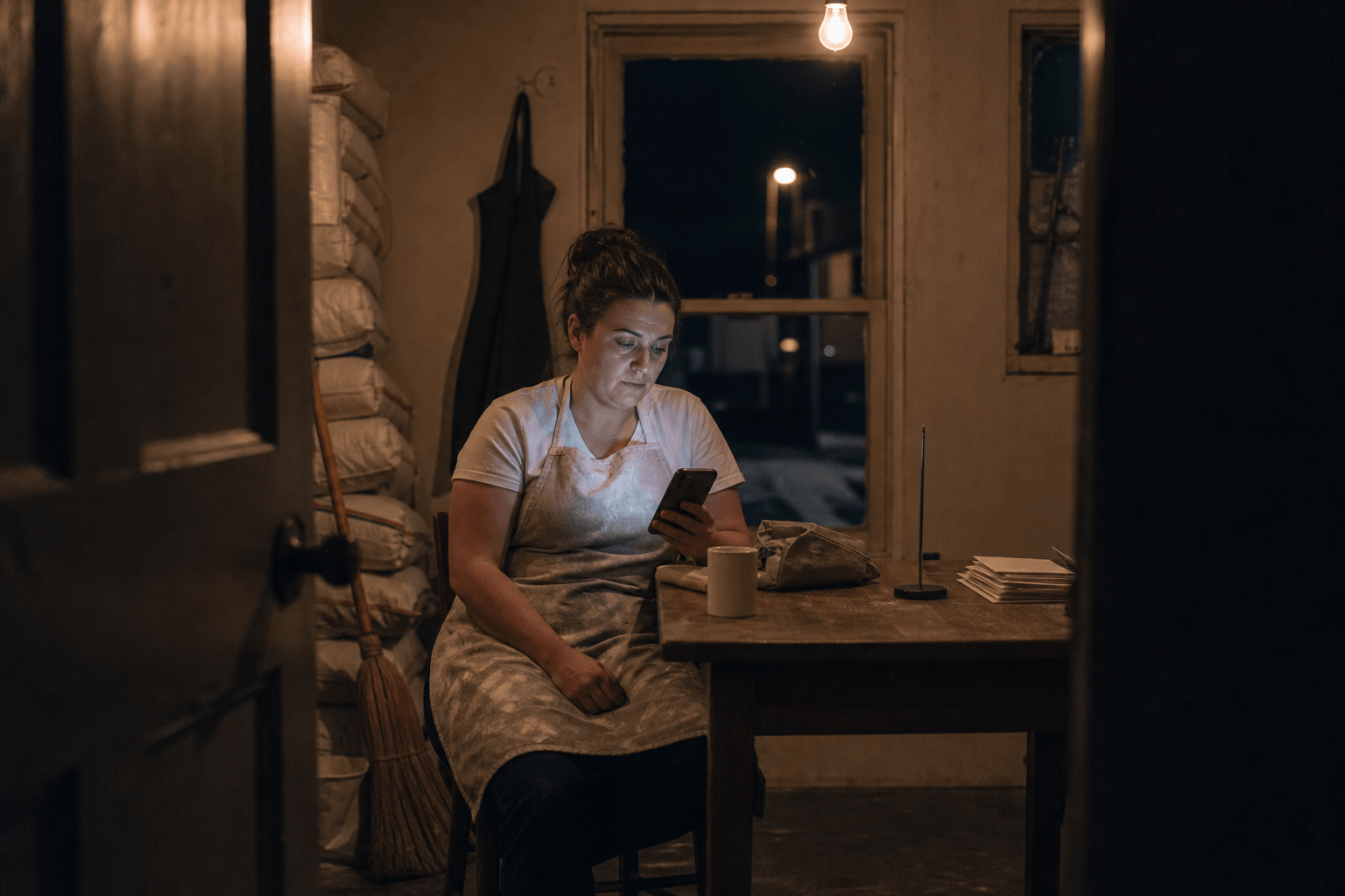 Bakery owner looking at her phone at a table after closing.